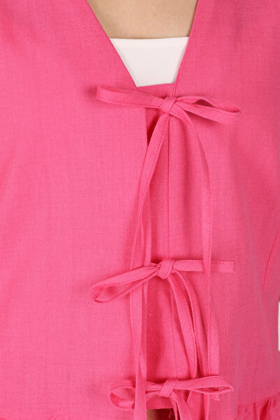 armonika Women's Fuchsia V-Neck Front Tie Skirt Ruffled Blouse Arm-25Y001102