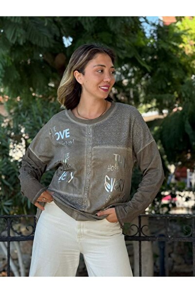 Punta Otantik Nc53761 Italian Written and Stoned Cotton Sweatshirt Mink