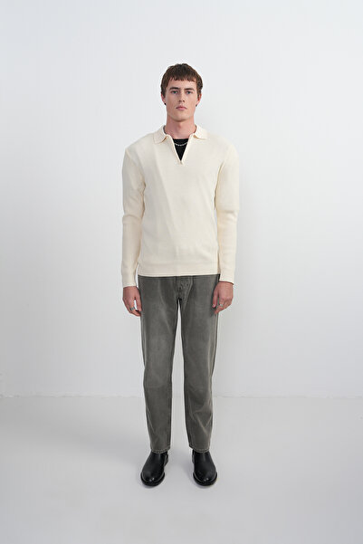 SILVANO Men's Basic Long Sleeve Cream Knitwear Polo Neck T-Shirt