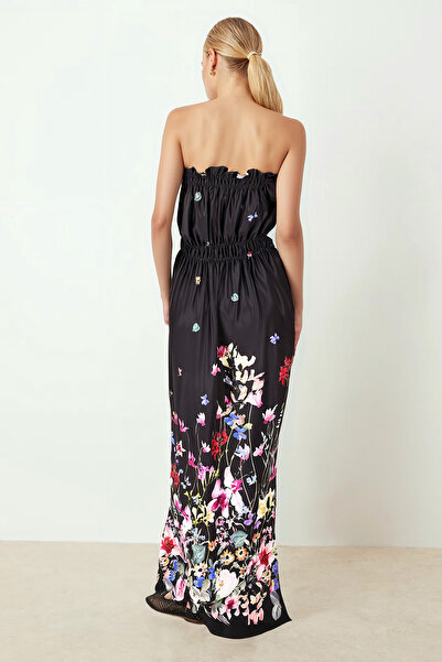 armonika Γυναικείο μαύρο φόρεμα ελαστικό στράπλες με σχισμή μακρύ φόρεμα ARM-25Y001105