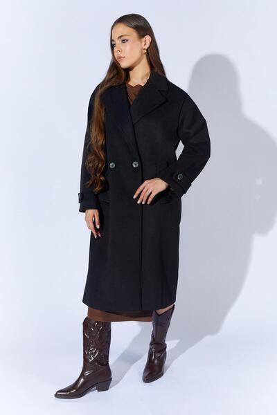 TENA Women's Black Two-Button Oversized Long Coat with Epaulettes
