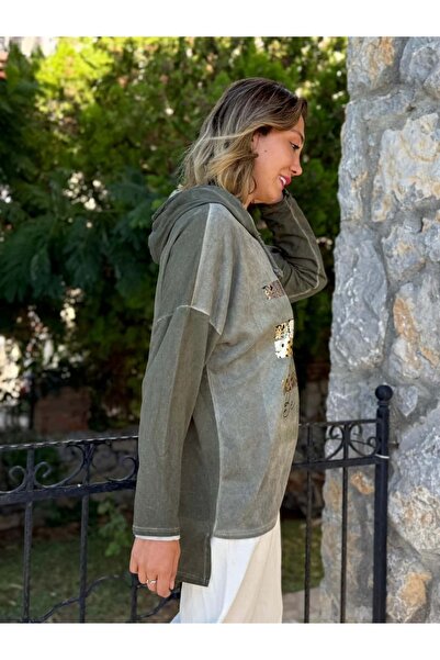 Punta Otantik Nc56152 Italian Leopard Print Hooded Sweatshirt Khaki