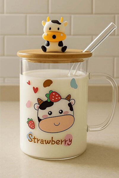 Jenisa Cow Figured Glass Mug – Soft Drink Glass with Bamboo Lid and Glass Straw - Strawberry