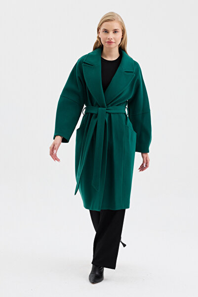 DOLCEBELLA KADIN OVERSİZE ÇİFT CEPLİ KISA KAŞE ZÜMRÜT KABAN