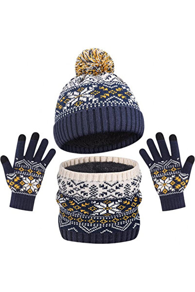 Superbaby Navy blue and cream fur set - hat with scarf and gloves