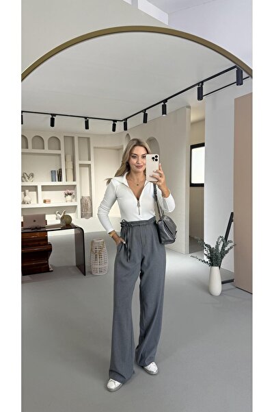 Sezgi Tekin Bel Lastikli Bağlama Detay Antrasit Palazzo Pantolon