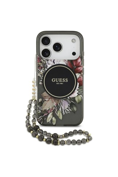 Guess Original iPhone 17 Pro IML Flowers with Pearl Strap MagSafe Case, Black