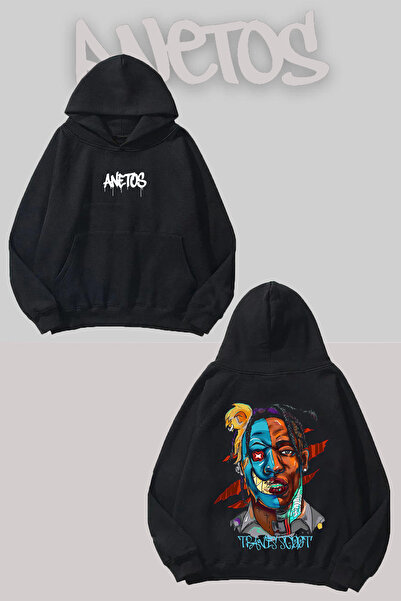 Anetos سويت شيرت أسود بقلنسوة مطبوع عليه ترافيس سكوت