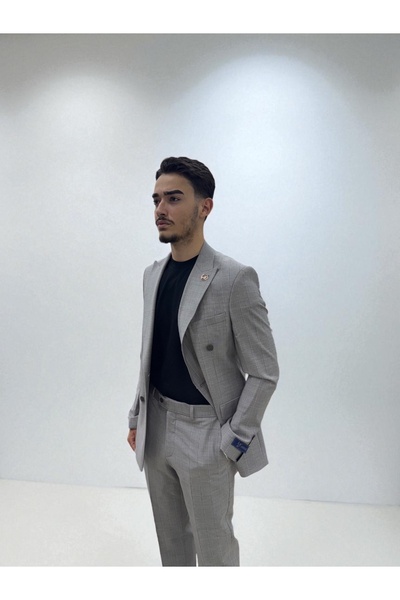 ROMASTER Erkek Slim Fit Çizgili Gri Kruvaze Yün Takım Elbise