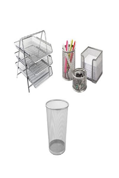 ZLA Metal Gümüş Ofis Seti Çöp Kovası+ Evrak Rafı + Masa Seti 3'lü