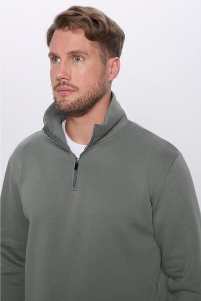 Tudors Unisex Relax Fit Relaxed Cut Cotton Fleece Inside Half Zipper Gray Stand Collar Sweatshirt