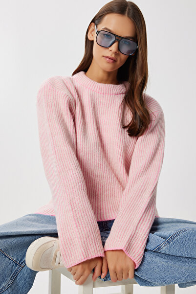 Lovelyİstanbul Yün Karışımlı Çizgili Kazak LRW0007 PEMBE KEMİK