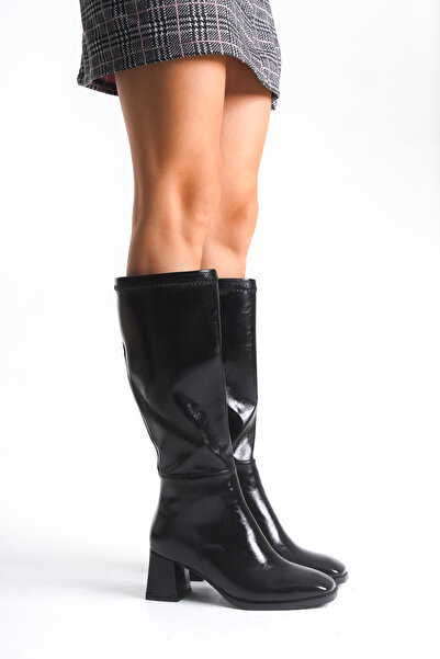 Shu Mhu Cizme negre sub genunchi cu toc pătrat de 6 cm, cu fermoar elastic și...