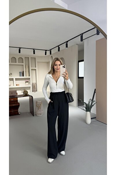 Sezgi Tekin Bel Lastikli Bağlama Detay Siyah Palazzo Pantolon