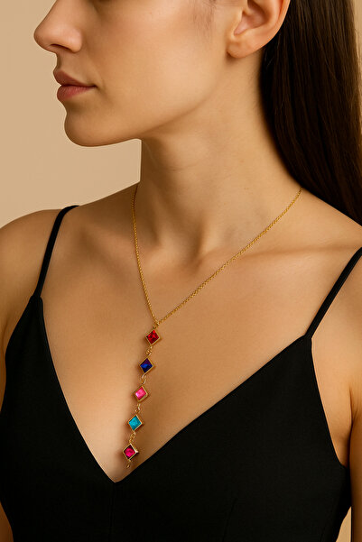 Jewerly قلادة نسائية على شكل حرف Y مرصعة بـ 6 أحجار ملونة
