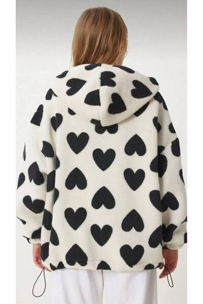 LACASE Kapüşonlu Kalpli Peluş Mont SİYAH BEYAZ LRI0005