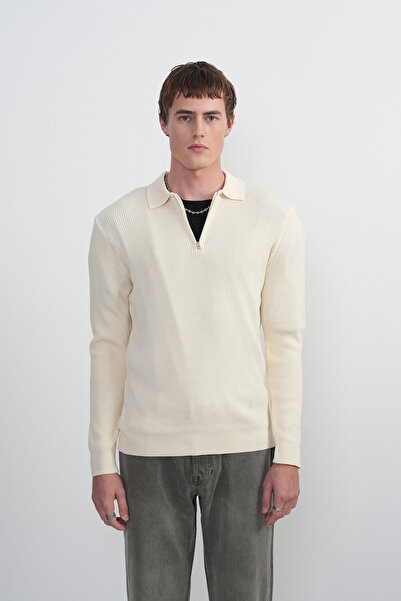 SILVANO Men's Basic Long Sleeve Cream Knitwear Polo Neck T-Shirt