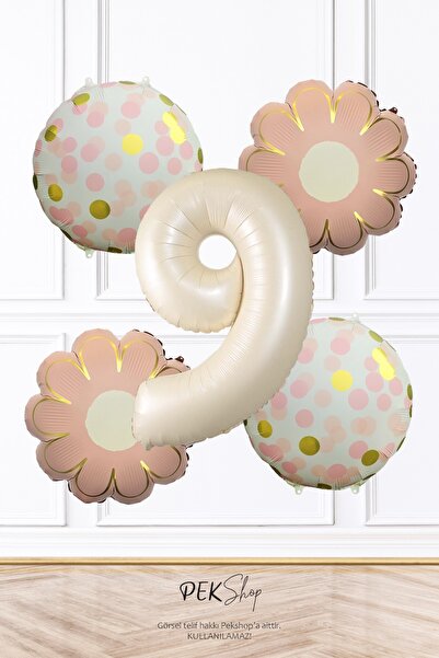PEKSHOP Σετ μπαλονιών γενεθλίων με θέμα ροζ λουλούδια και κομφετί, κρεμ απόχρ...