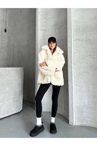 LACASE Palton negru de pluș cu blană artificială