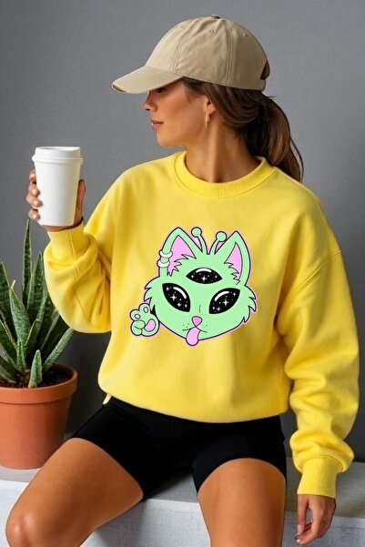 ArtYus Tricou unisex cu mânecă lungă Alien pisică Transfer cu imprimeu guler ...