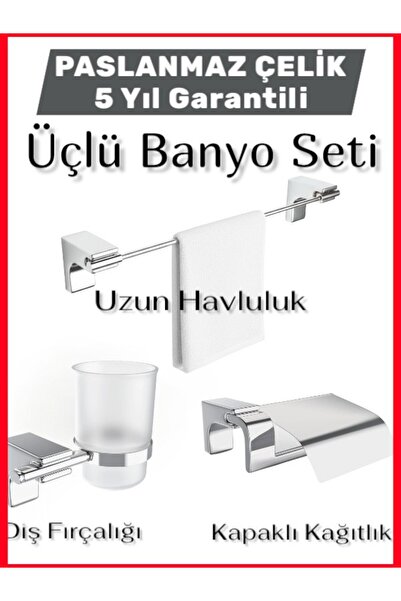OTOMEKSAN Paslanmaz Çelik 3’lü Banyo Seti – İster Yapıştır, İster Vidala