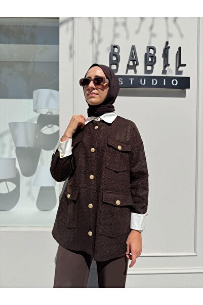 Babil Butik Moon Shirt Detailed Tweed Jacket Brown