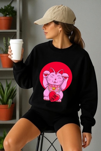 ArtYus Унисекс дълъг ръкав Япония котка трансфер печат велосипедна яка суитшърт