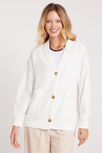 Tudors Women's Relax Fit Comfortable Cut Knitted Fabric Double Pocket V-Neck Ecru Cardigan