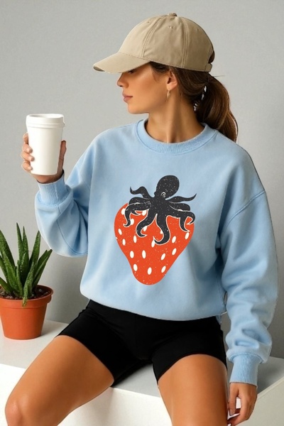 ArtYus Унисекс дълъг ръкав с принт на ягода и октопод, суитшърт с качулка