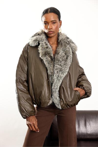 5in1Canpolat Bitter Brown Fur Collar Coat D99777