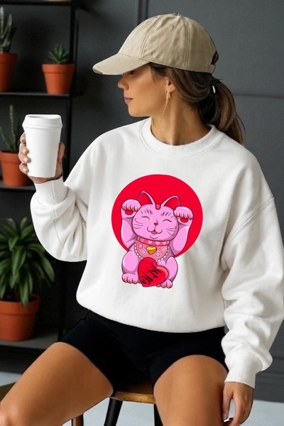 ArtYus Унисекс дълъг ръкав Япония котка трансфер печат велосипедна яка суитшърт