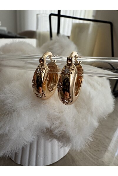 Rod Yıldız Taş Detay Çelik Gold Halka Küpe