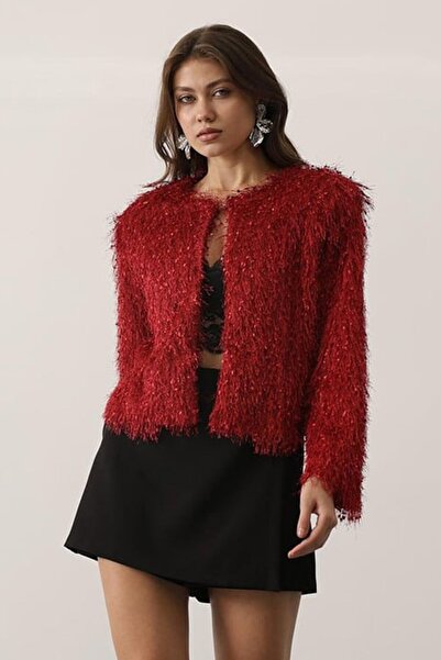 VAGGON Kadın Bordo Bisiklet Yaka Astarlı Sakal Ip Ceket Vs01251