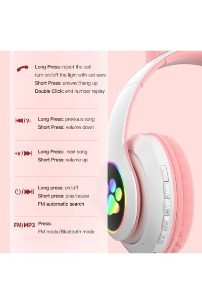 VALA Casti Wireless cu Urechi de pisica, Bluetooth, Luminite RGB, Anulare Zgomot, VALA® STN-28, Roz