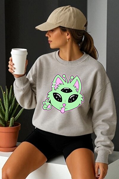 ArtYus Tricou unisex cu mânecă lungă Alien pisică Transfer cu imprimeu guler ...