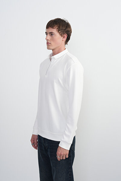 SILVANO Men's Stitching Detail Long Sleeve White Polo Neck T-Shirt