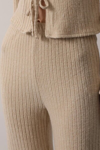 VAGGON Women's Beige Elastic Waist Ribbed Knitted Trousers Vs01252