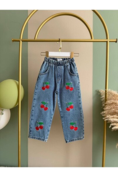ervaa kids kiraz desenli nakışlı kız çocuk jeans kot pantolon
