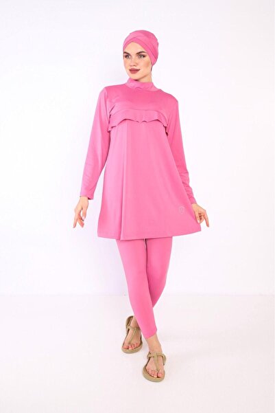 VAJESTO Kadın Pembe Tam Tesettür Burkini Likralı Hızlı Kuruma Mayo