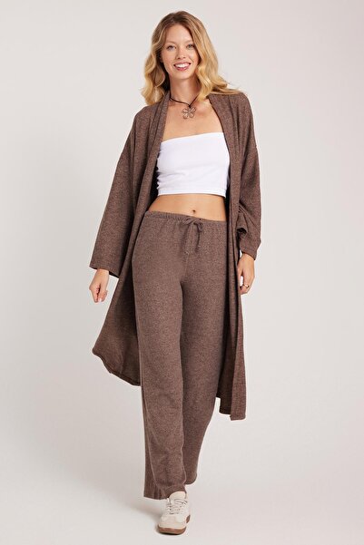 Tudors Kadın Relax Fit Rahat Kesim Uzun Triko Kahverengi Hırka