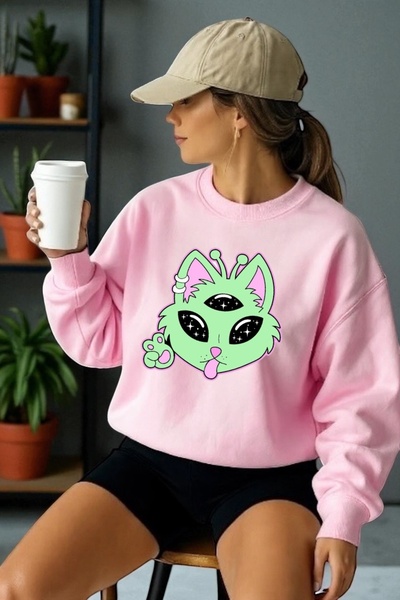 ArtYus Tricou unisex cu mânecă lungă Alien pisică Transfer cu imprimeu guler ...