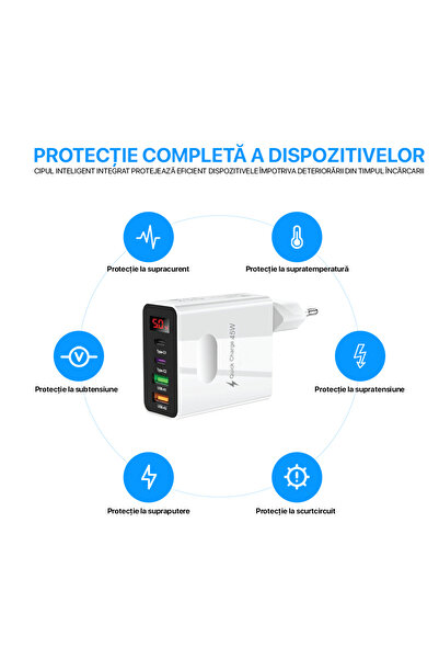 DigikalaX Încărcător de rețea, 4 porturi, 45W, 2xUSB, 2xType-C, universal, alb