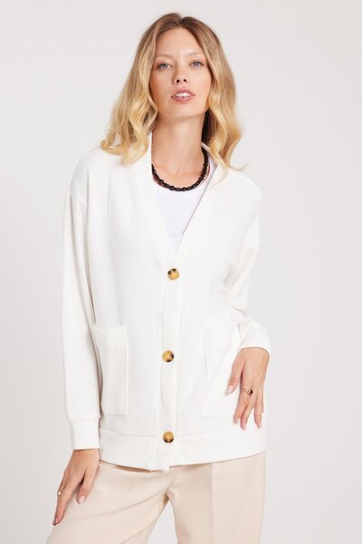 Tudors Women's Relax Fit Comfortable Cut Knitted Fabric Double Pocket V-Neck Ecru Cardigan