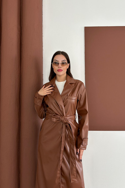 mielva Kadın Kahverengi Kemer Detaylı Deri Trençkot
