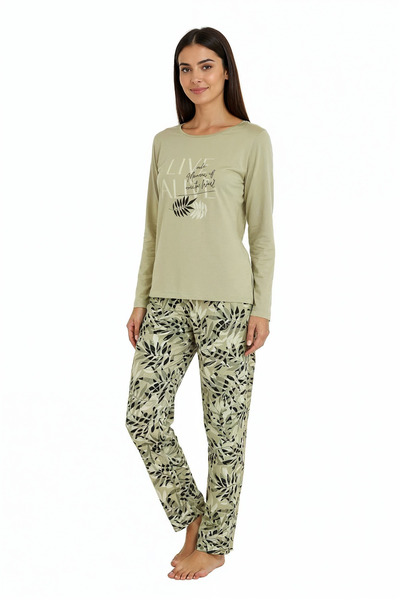 Bravie Elite Viscose Pajama Set with Six Leaf Pattern and Writing on Top Long Green 3559