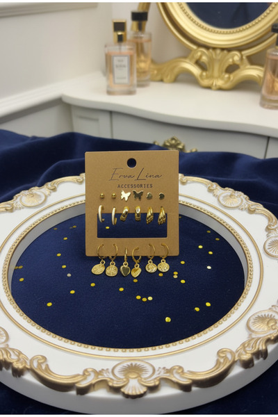 Ervalina 9 Çift Deseli Halka ve Klipsli Küpe Seti