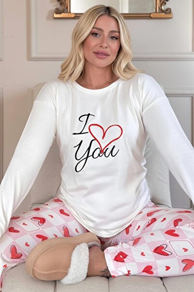 Pijamaevi Ekru Love You Desenli Termal Kadın Pijama Takımı