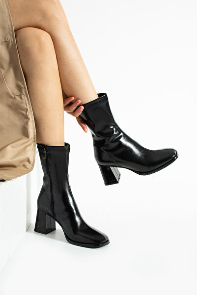 Samira Cizme de damă cu fermoar negru strălucitor, cu vârf pătrat, cu toc gro...