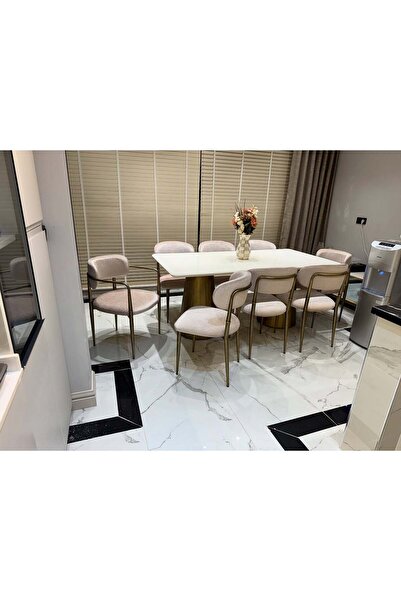 Meser Mobilya BEYAZ DİKDÖRTGEN MDF SABİT MUTFAK MASASI / GOLD ESKİTME PİRİNÇ METAL MUTFAK SANDALYESİ 90X175