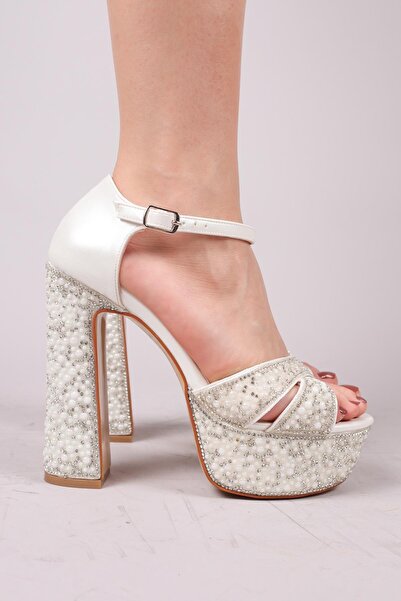 Birikon PANTOFI CU TOC CU PLATFORMĂ PERRY Çapraz Inci Taşlı